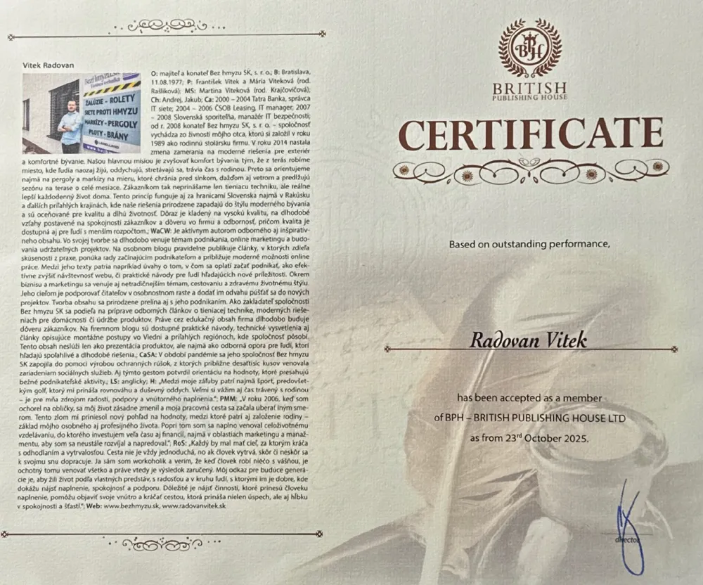 Certifikát British Publishing House pre Radovana Viteka